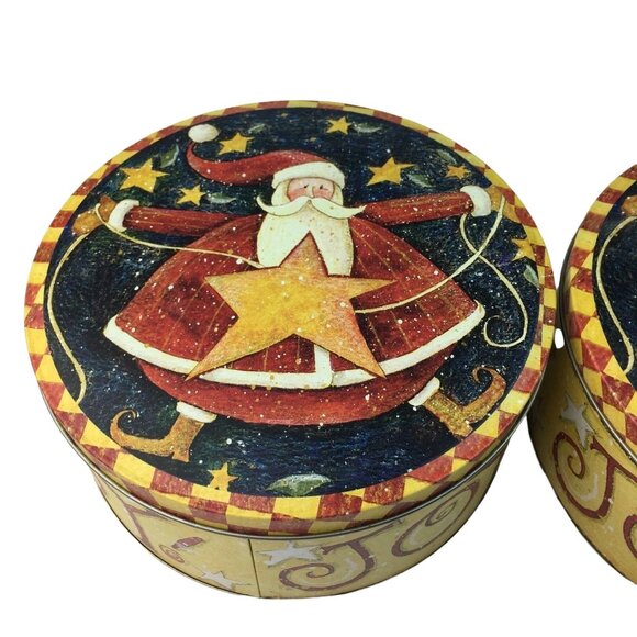 Lot 2 Christmas Cookie Tin 7.75" Yellow Joy Vintage Motif Round Large u - Picture 3 of 6